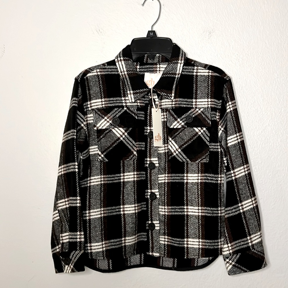 NWT Gianni Bini Girls flannel Jacket Plaid size Medium black white brown
